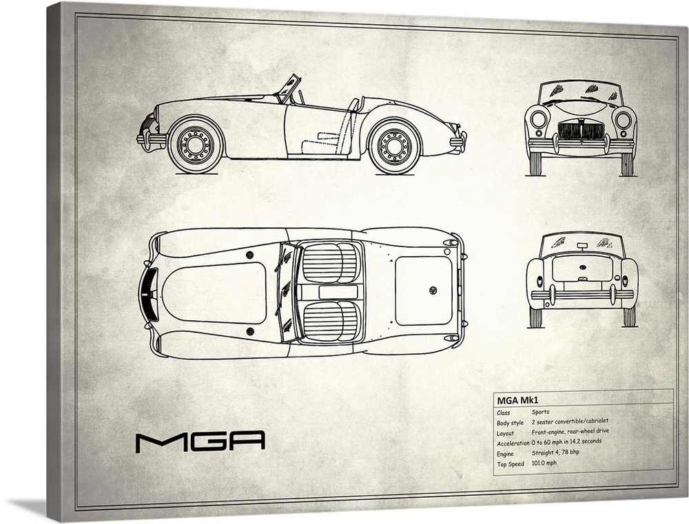 Antique style blueprint diagram of a MG MGA printed on a weathered white and gray background.