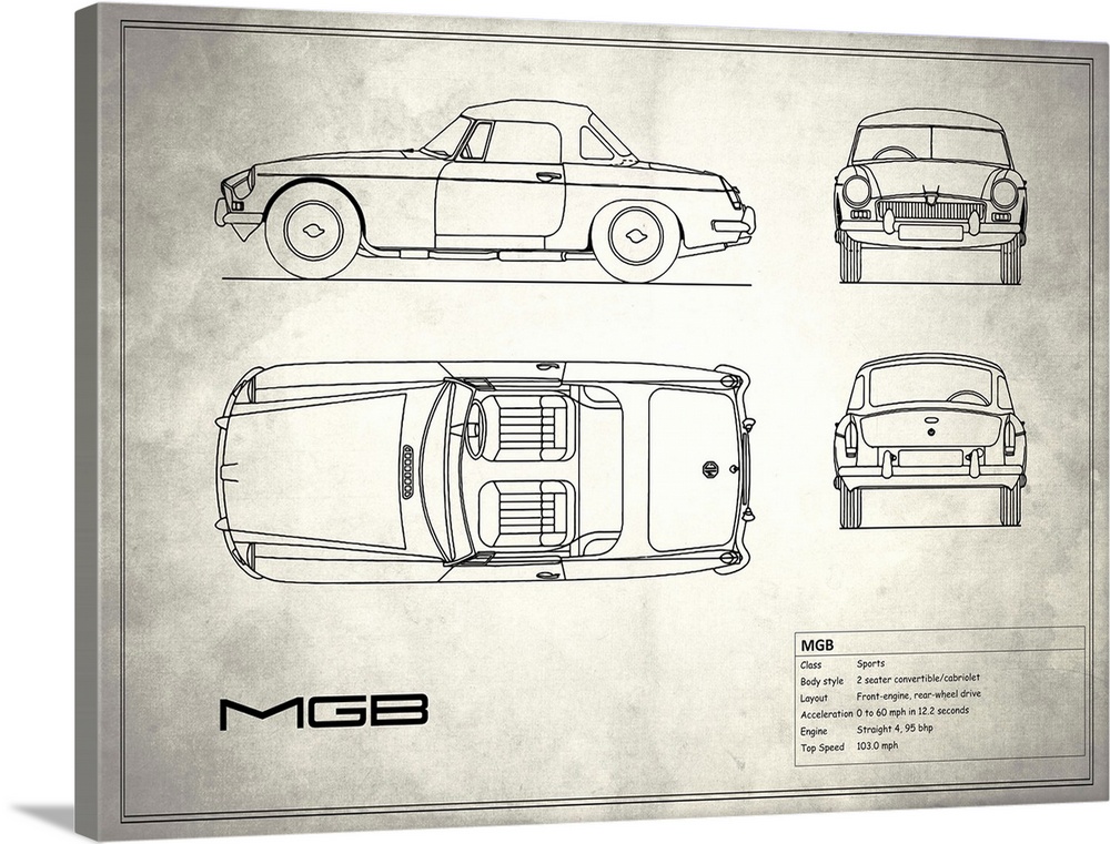 Antique style blueprint diagram of a MG MGB printed on a weathered white and gray background.