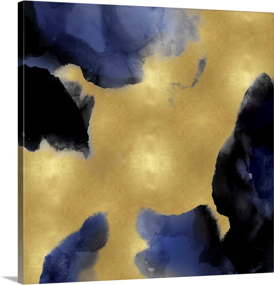Abstract painting with indigo hues splattered together on a gold background.