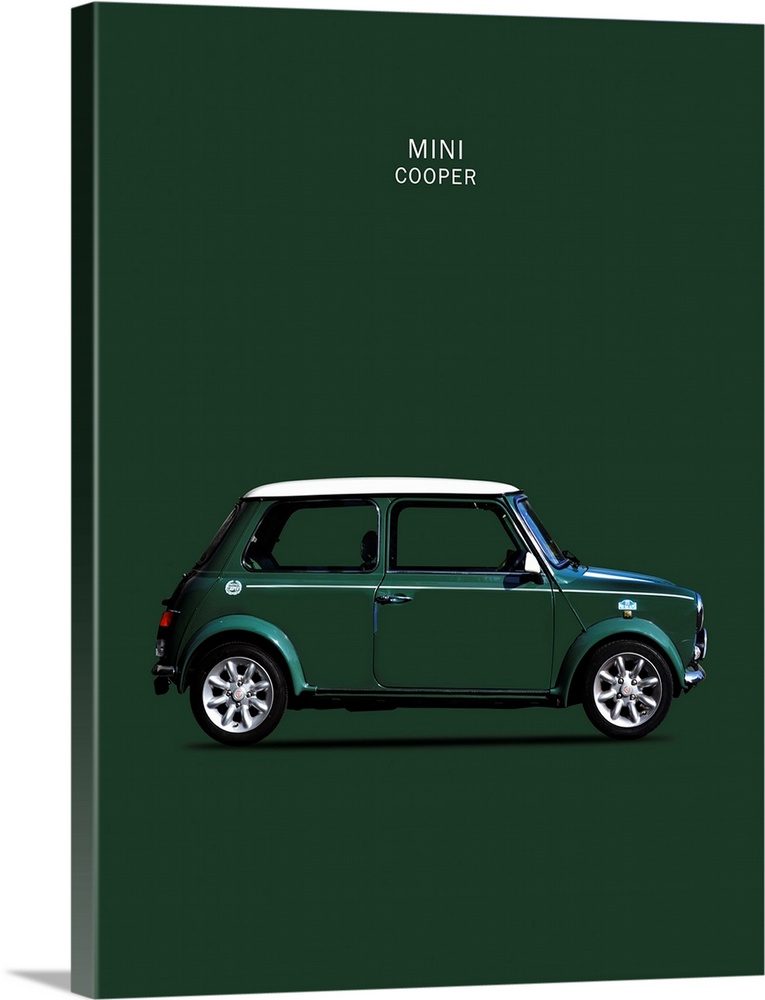 Photograph of a dark green Mini Cooper 1999 with a white hood printed on a green background