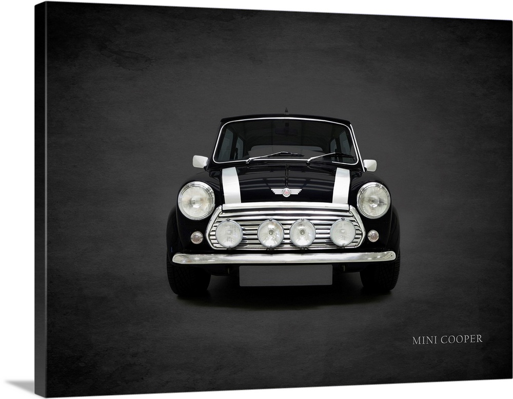 Photograph of a black 2001 Mini Cooper with white stripes printed on a black background with a dark vignette.