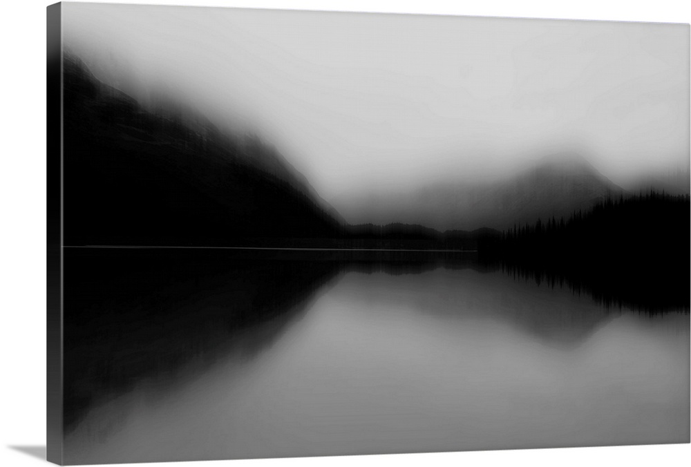 Contemporary artwork of a lake view landscape as a blurred silhouette.
