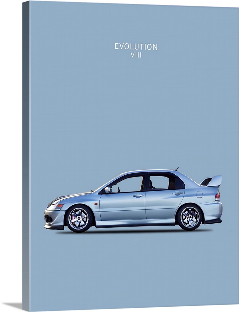 Photograph of a silver Mitsubishi Lancer Evo. VIII printed on a gray-blue background