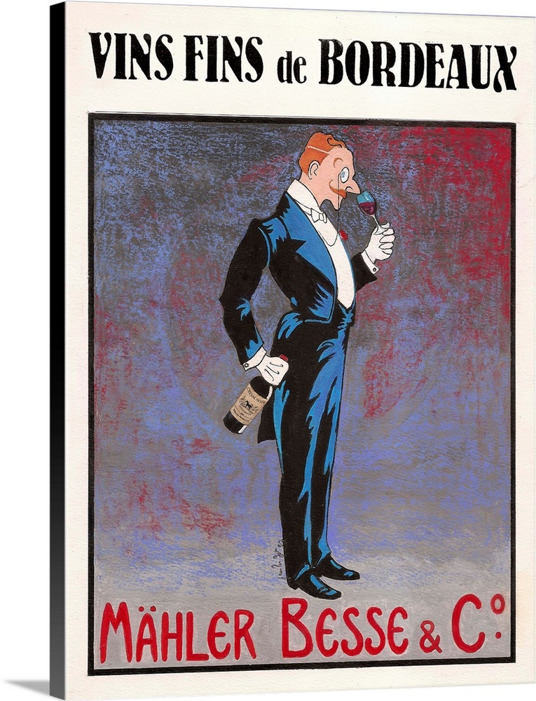 French poster advertising wine with a man wearing a tuxedo and a monocle smelling a glass of red wine.