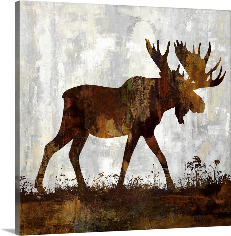 Square decor with a brown and gold silhouette of a moose on a gray, tan, and white background.