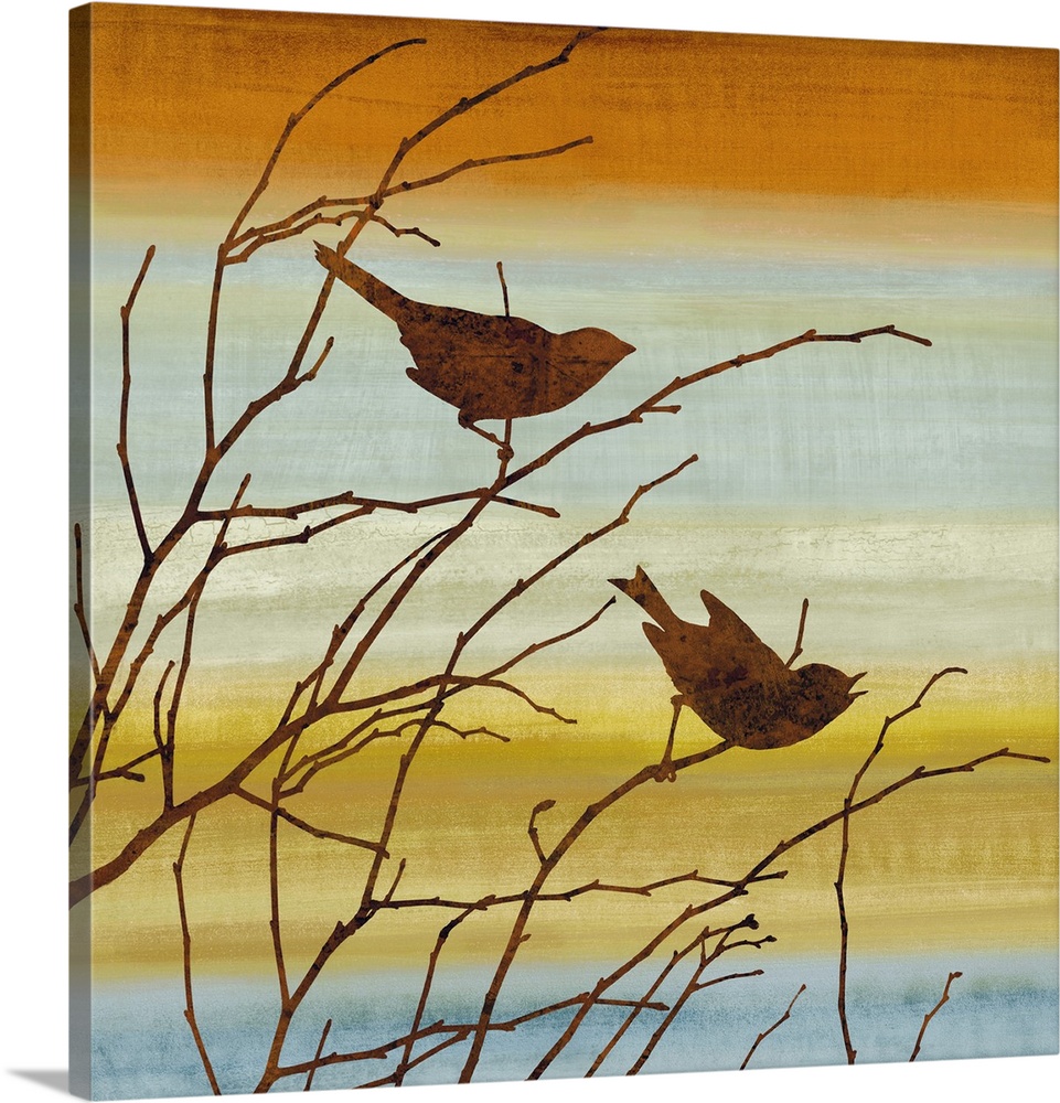 Square decor with silhouettes of two birds and Winter branches on a warm and colorful background.