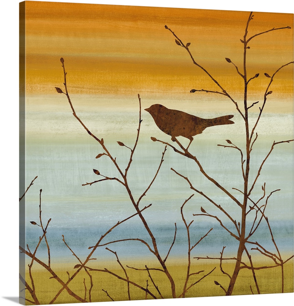 Square decor with silhouettes of a bird and Winter branches on a warm and colorful background.