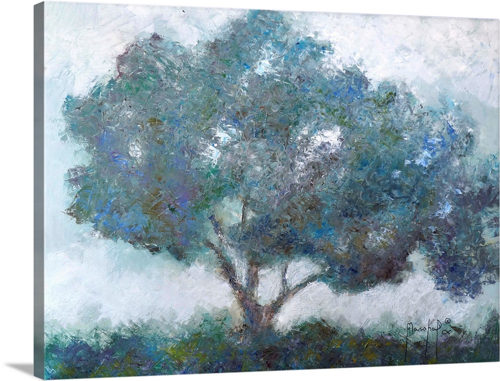 Abstract painting of a large tree created with small, layered brushstrokes in cool shades of blue, green, gray, and purple