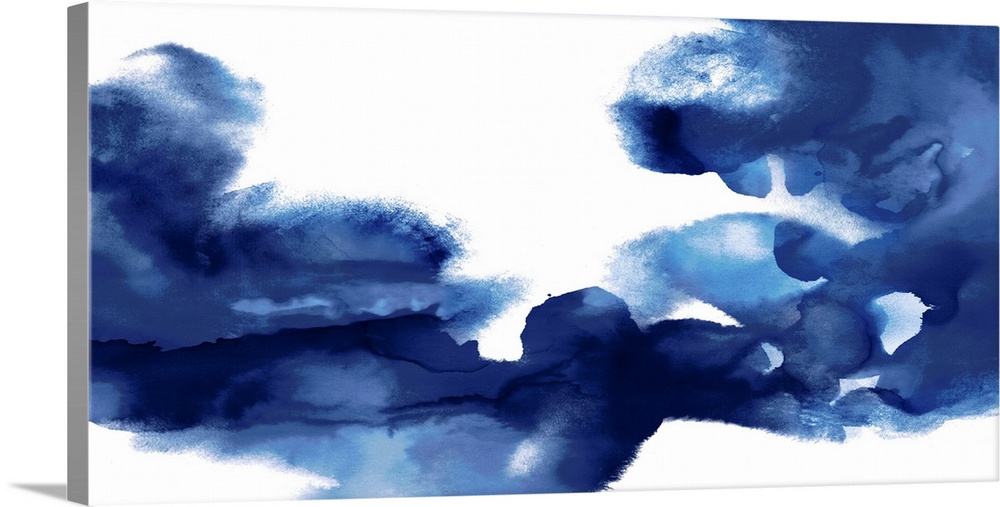 Abstract painting representing movement with indigo watercolor on a solid white background.