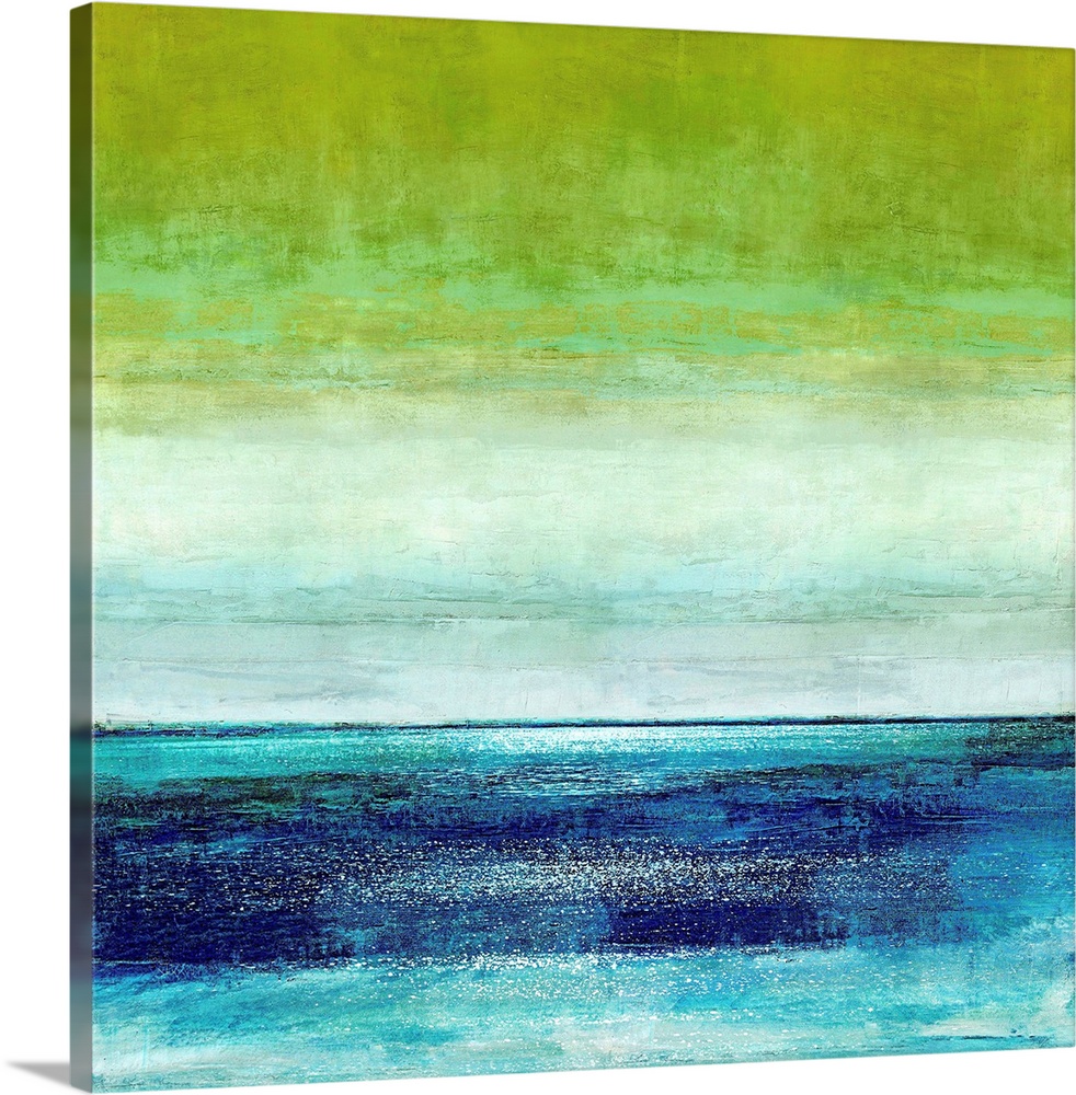 Square abstract painting with horizontal brushstrokes from top to bottom in shades of green, blue, and white.