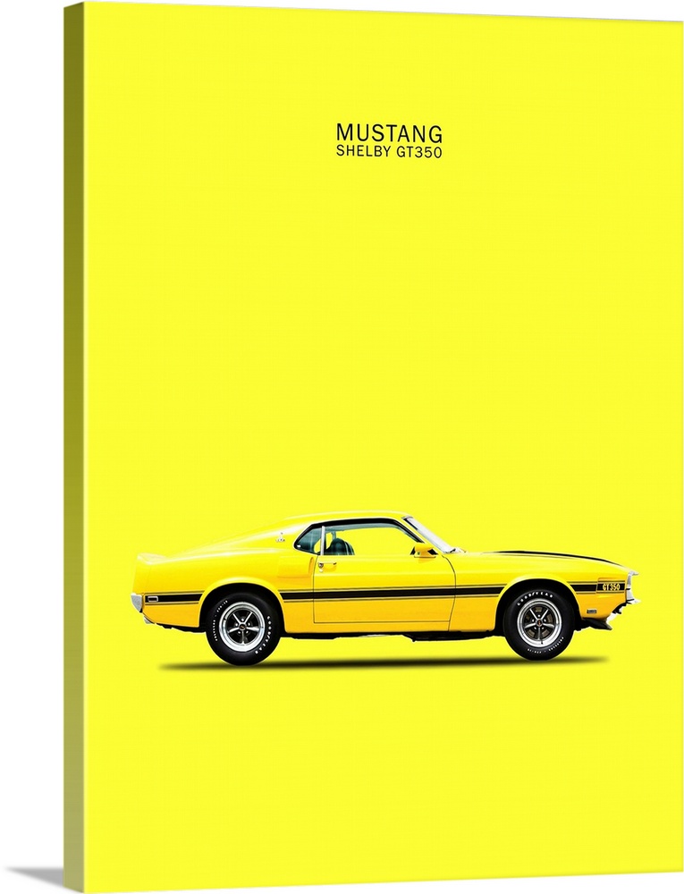 Photograph of a yellow Mustang Shelby GT350 69 with a black stripe printed on a yellow background