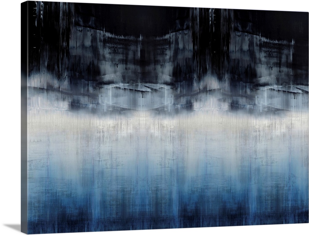 Contemporary abstract artwork of vertical striations in blue, black and off-white.