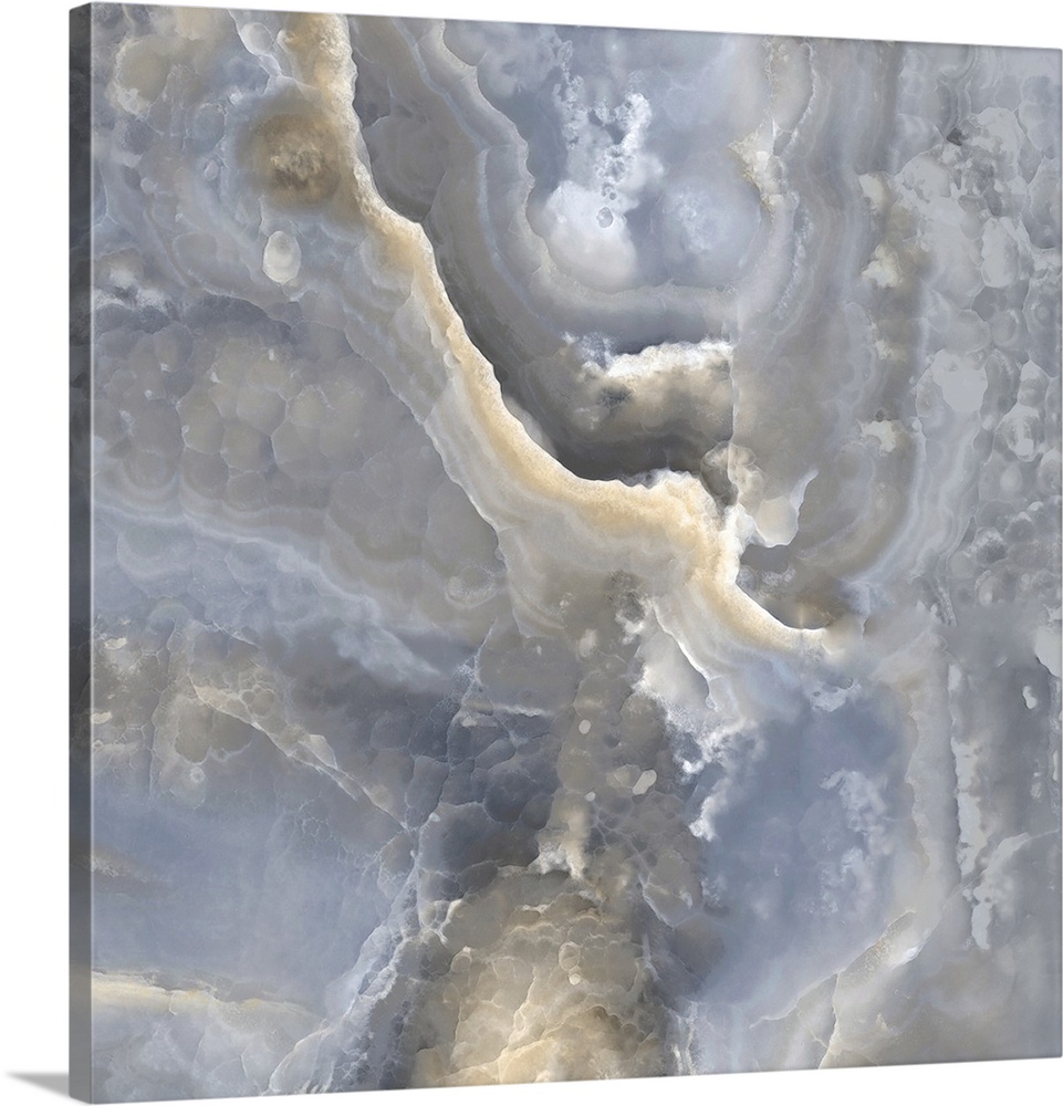 Contemporary artwork featuring a deluge of bluish grays and soft beige colors that have been edited to a marble effect.