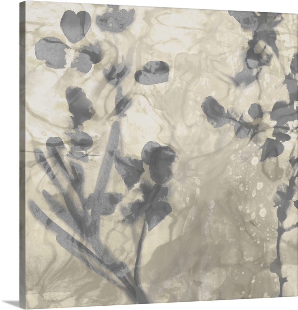 Contemporary artwork featuring soft gray petals over a mottled background in shades of beige.