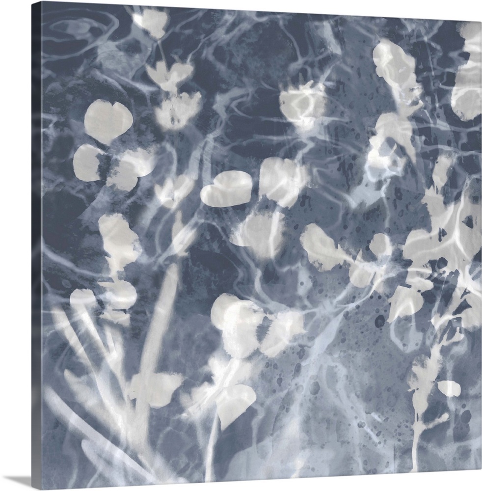 Contemporary artwork featuring soft white petals over a mottled background in shades of gray.