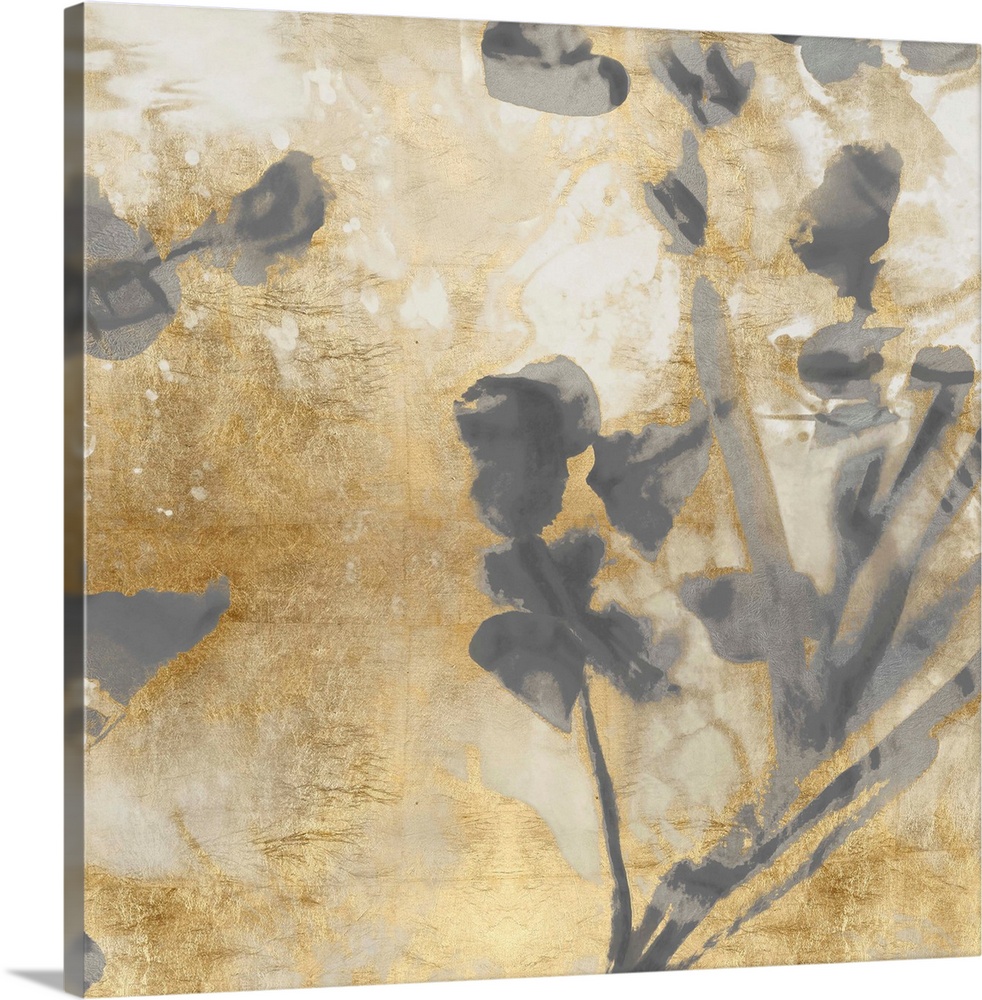 Contemporary artwork featuring soft gray petals over a foil textured background in shades of gold.