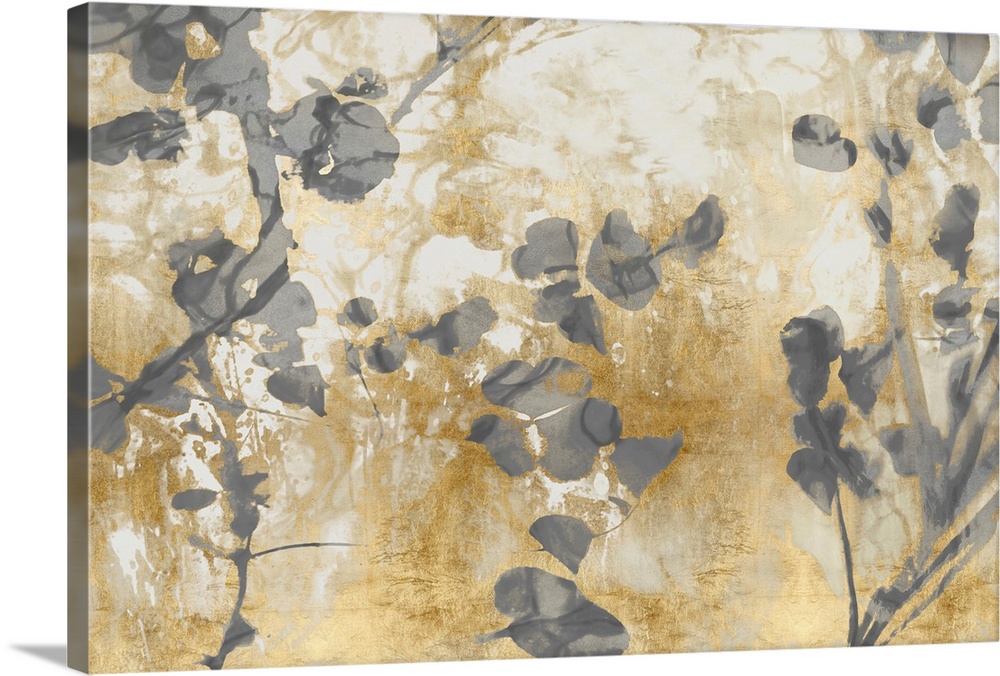 Contemporary artwork featuring soft gray petals over a foil textured background in shades of gold.