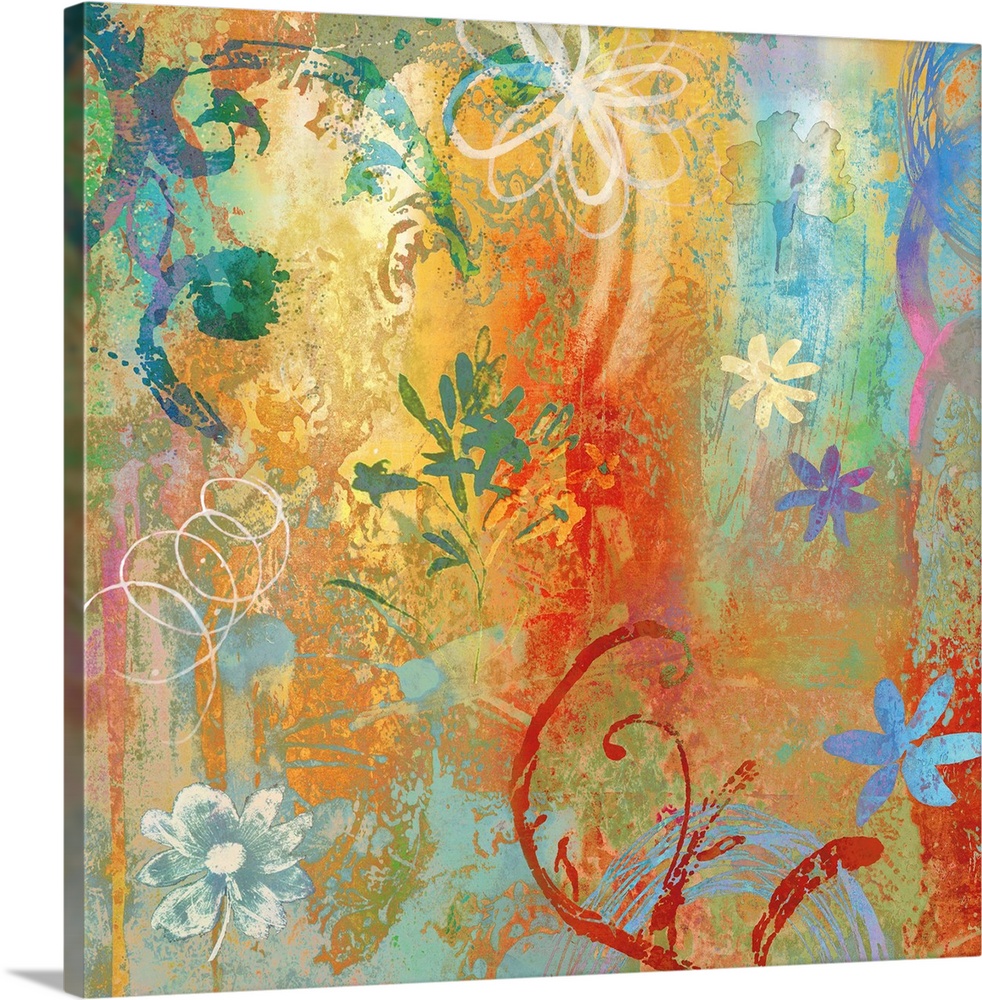 Square abstract art with an even mixture of warm and cool tones and a few floral illustrations.