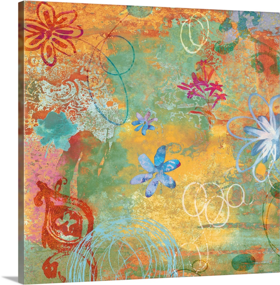 Square abstract art with an even mixture of warm and cool tones and a few floral illustrations.