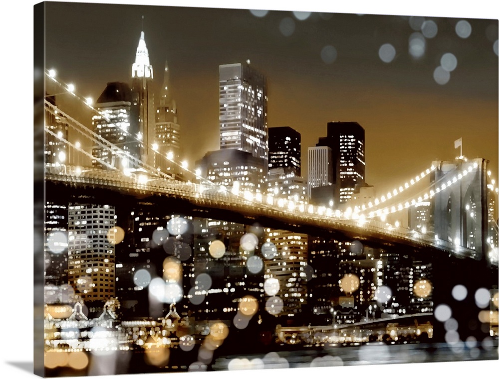 Image of the New York City skyline at night in black, white, gold, and silver, with the Brooklyn bridge and bokeh lights i...