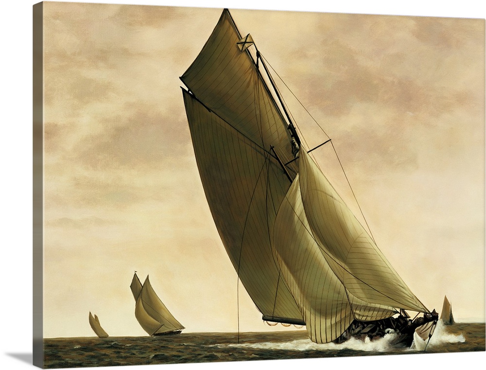 Contemporary painting of sailboats in the middle of the ocean with the wind blowing to the left.