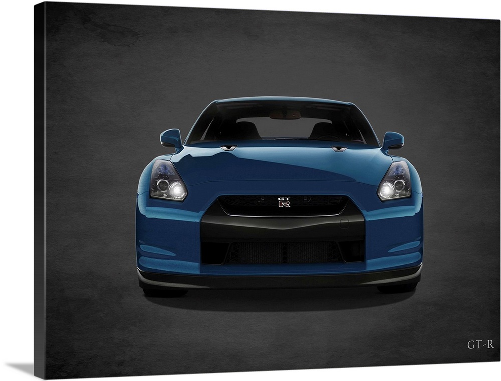 Photograph of a blue Niassn GT-R printed on a black background with a dark vignette.
