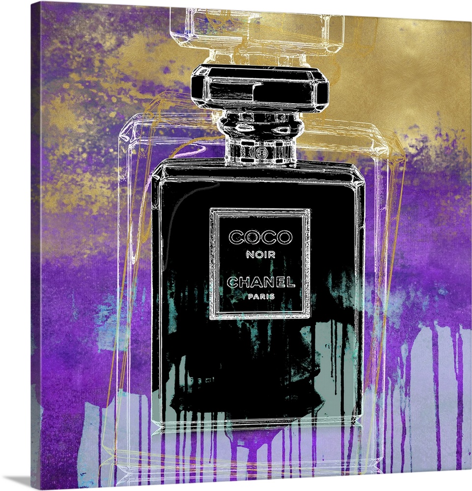 A black bottle of perfume sits over a distressed paint dripping background.