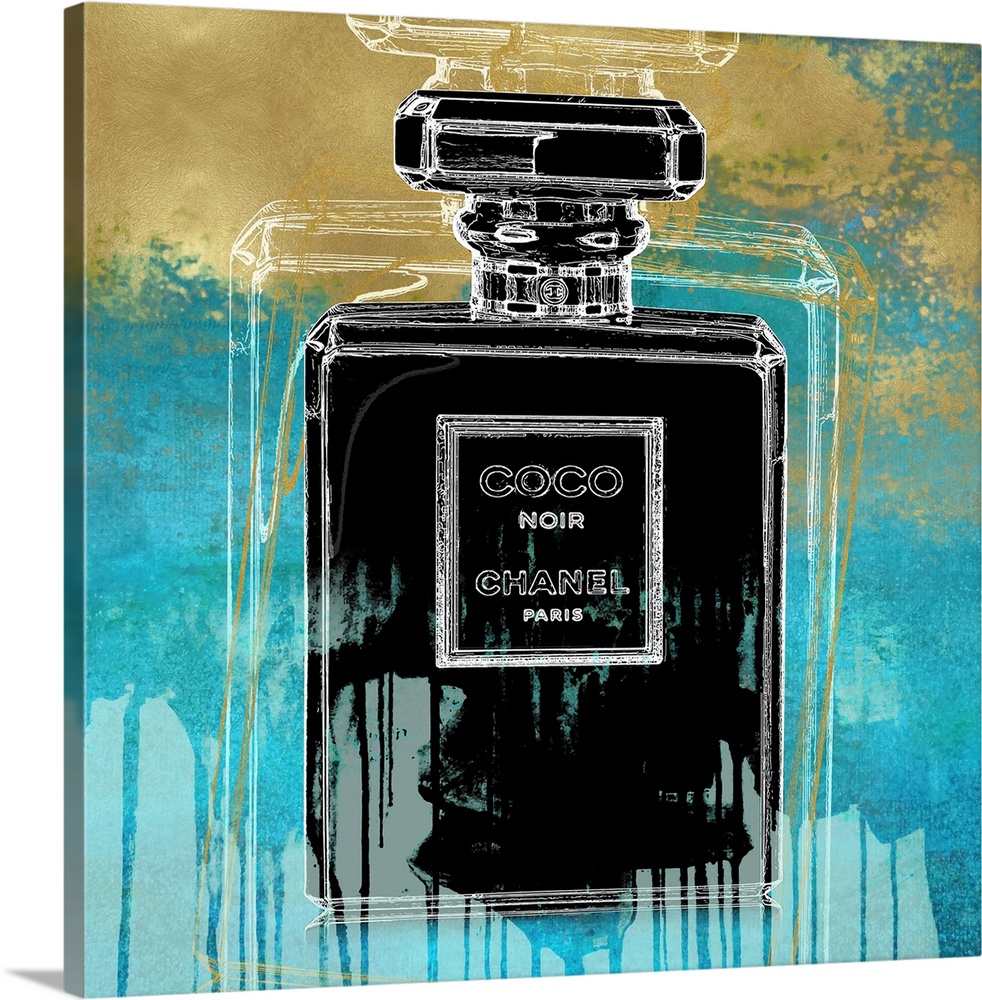 A black bottle of perfume sits over a distressed paint dripping background.