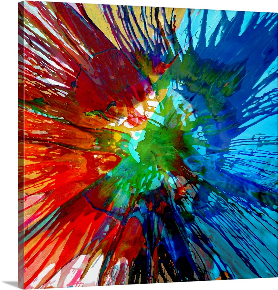 Square abstract painting with a tie-dye effect in shades of blue, green, red, and yellow.