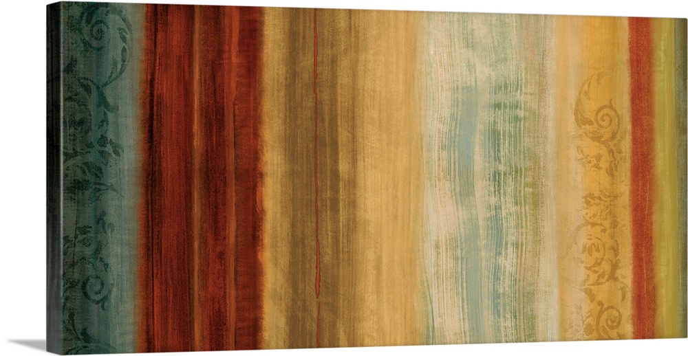 Large abstract art with vertical lines of color in shades of red, yellow, cream, beige, green, and blue with a faint desig...