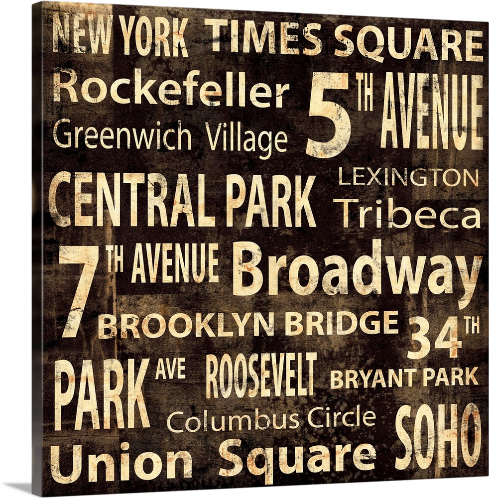 New York City typography in gold and brown.