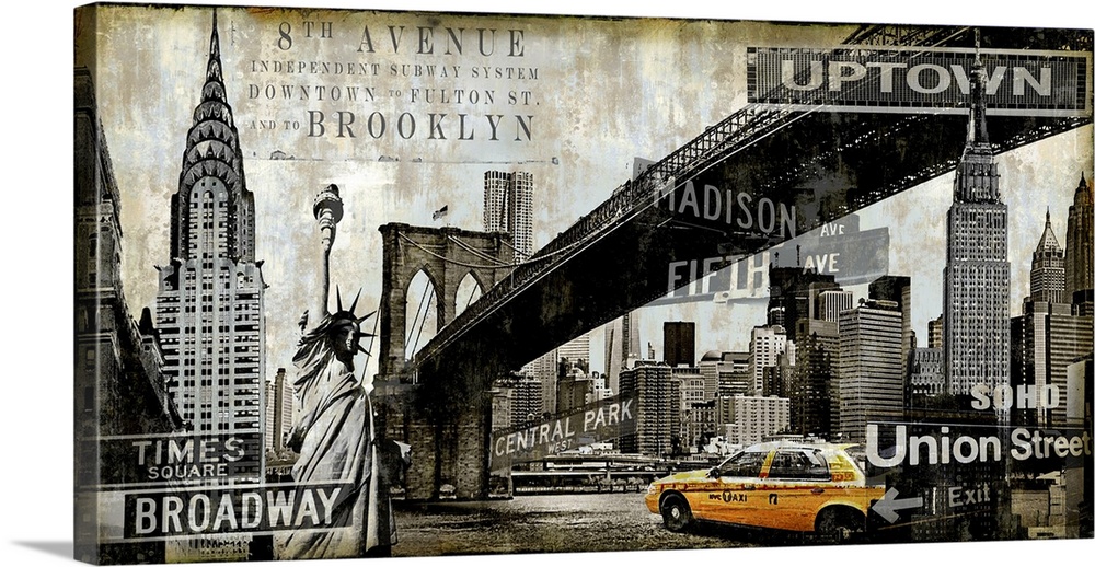 Home decor with a cityscape of New York City in black and sepia tones with yellow taxi cabs and well known landmarks and s...