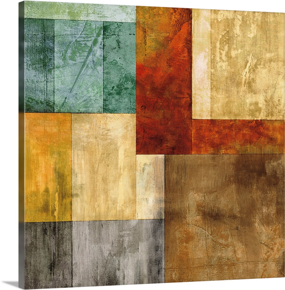 Square abstract made up of geometric rectangles and squares in gray, silver, brown, gold, cream, teal, green, and red tones.