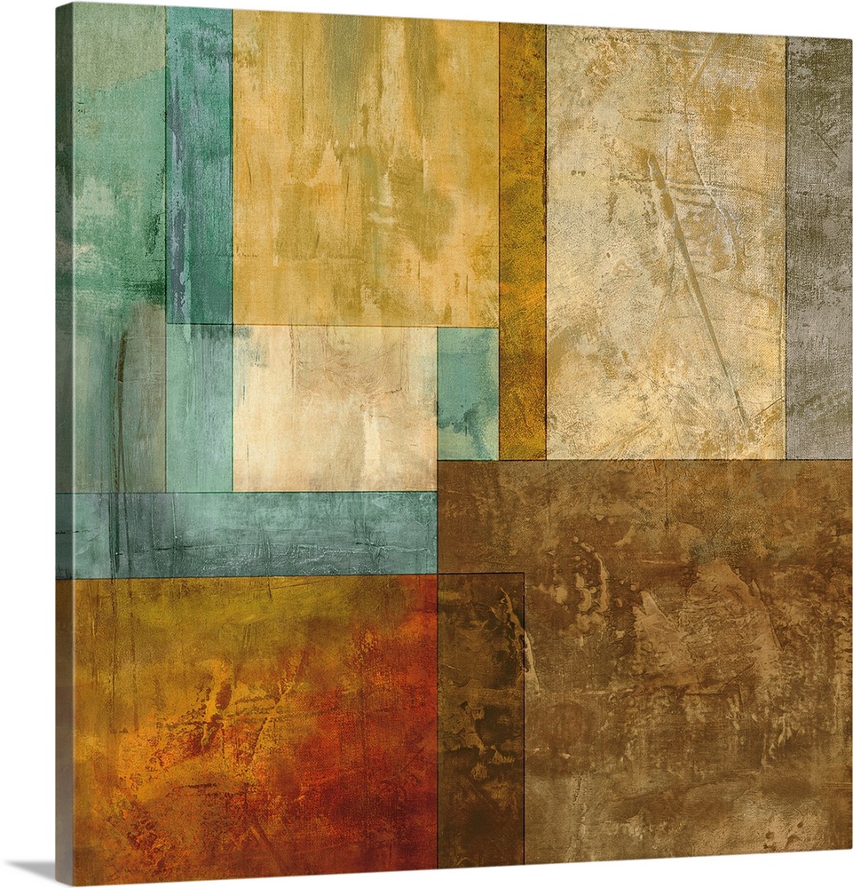 Square abstract made up of geometric rectangles and squares in gray, silver, brown, gold, cream, teal, green, and red tones.