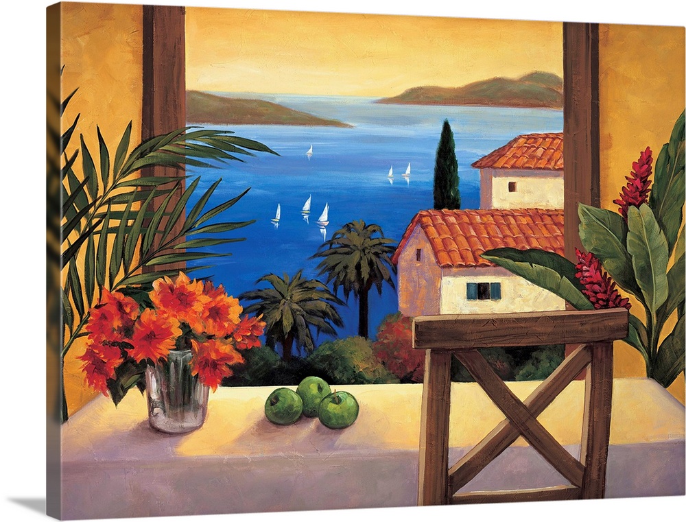 Contemporary painting of a view out of a window and onto the ocean with sailboats sailing.