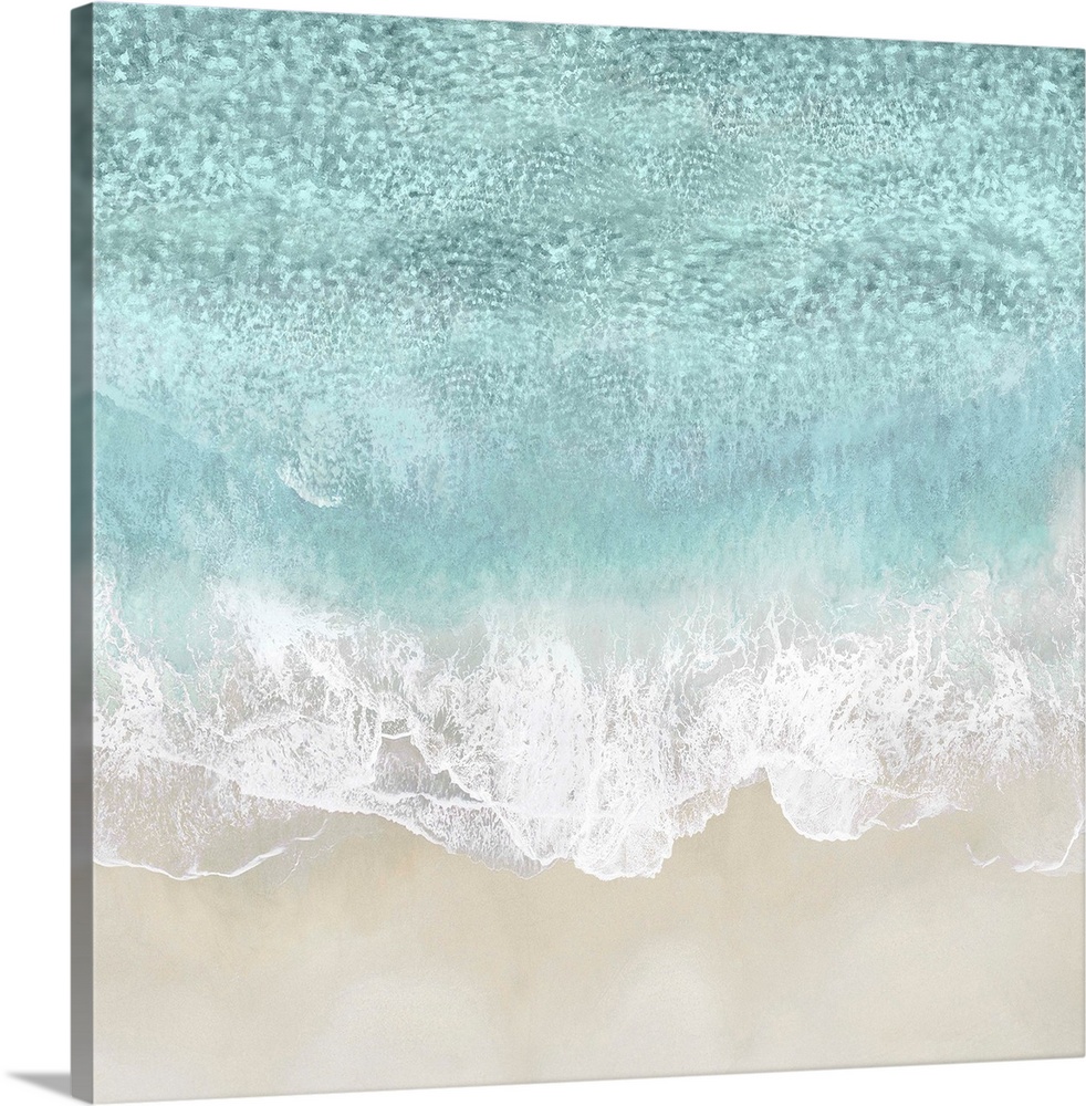 One artwork in a series of aerial shots of a beach as light blue waves break upon the shore.
