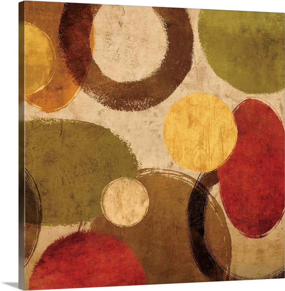 Square abstract art created with red, green, gold, and brown circular shapes on a neutral colored background.