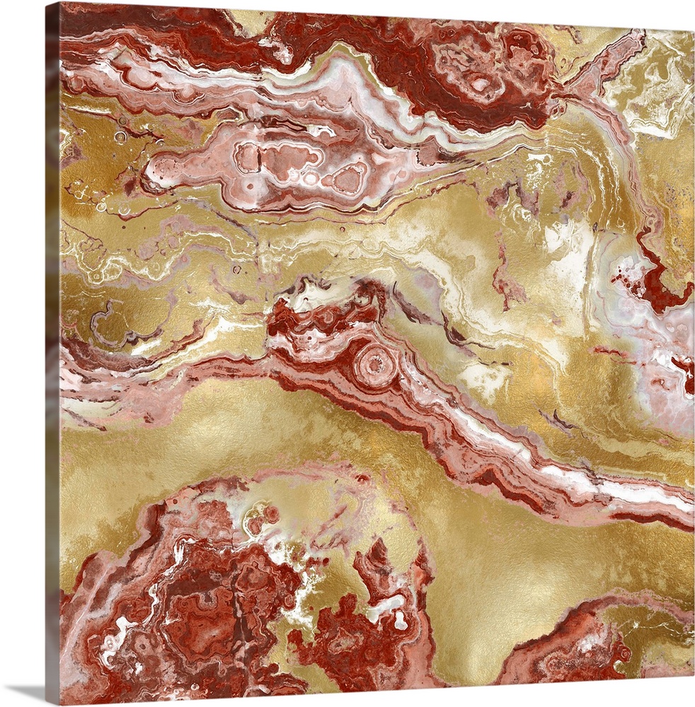 Square abstract decor with a red, white, coral, and gold onyx design.