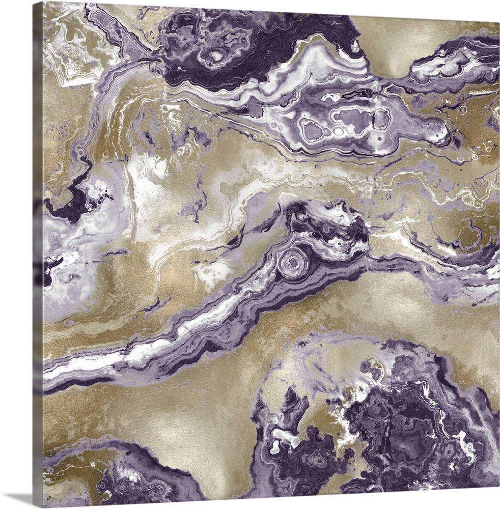 Square abstract decor with an amethyst purple, gold, and white onyx design.