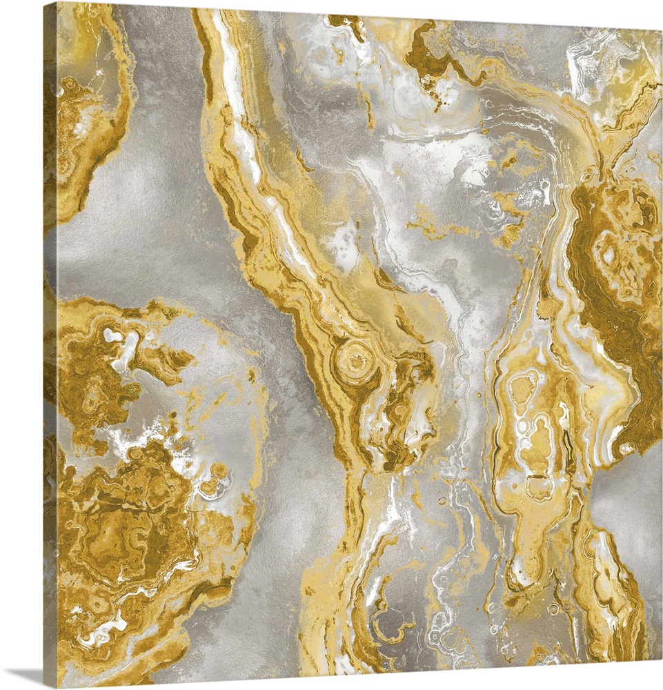 Square abstract decor with a gold, silver, and white onyx design.
