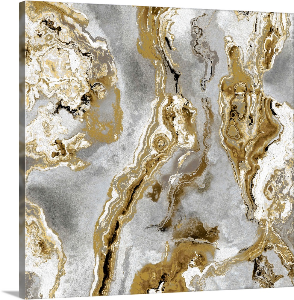 Square abstract decor with a gold, silver, white, and black onyx design.