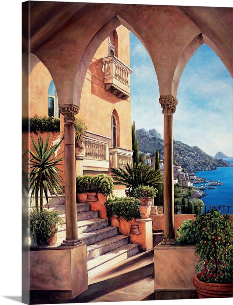 Contemporary painting of an arched opening and a staircase attached to a building on the coast in Amalfi, Italy.