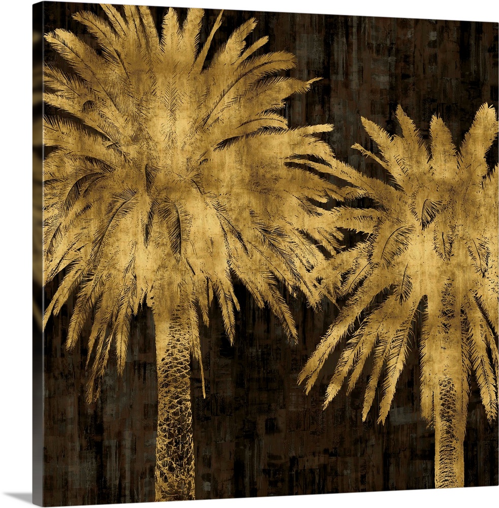 Two gold palm trees on a black and brown textured background.