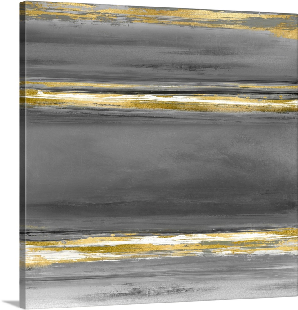 Contemporary artwork featuring three bold black brush strokes overlaid with a gold foil texture on soft colors.