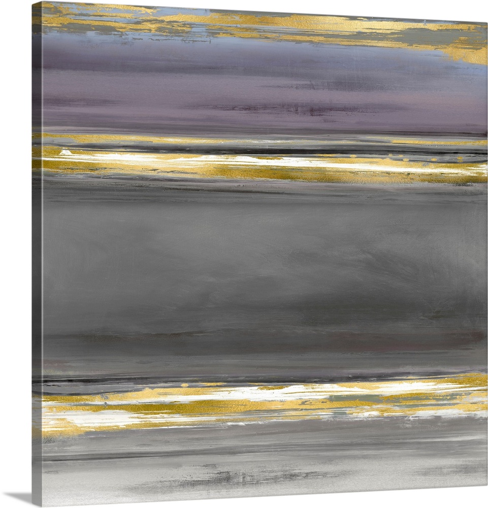 Contemporary artwork featuring three bold black brush strokes overlaid with a gold foil texture on soft purple and gray co...