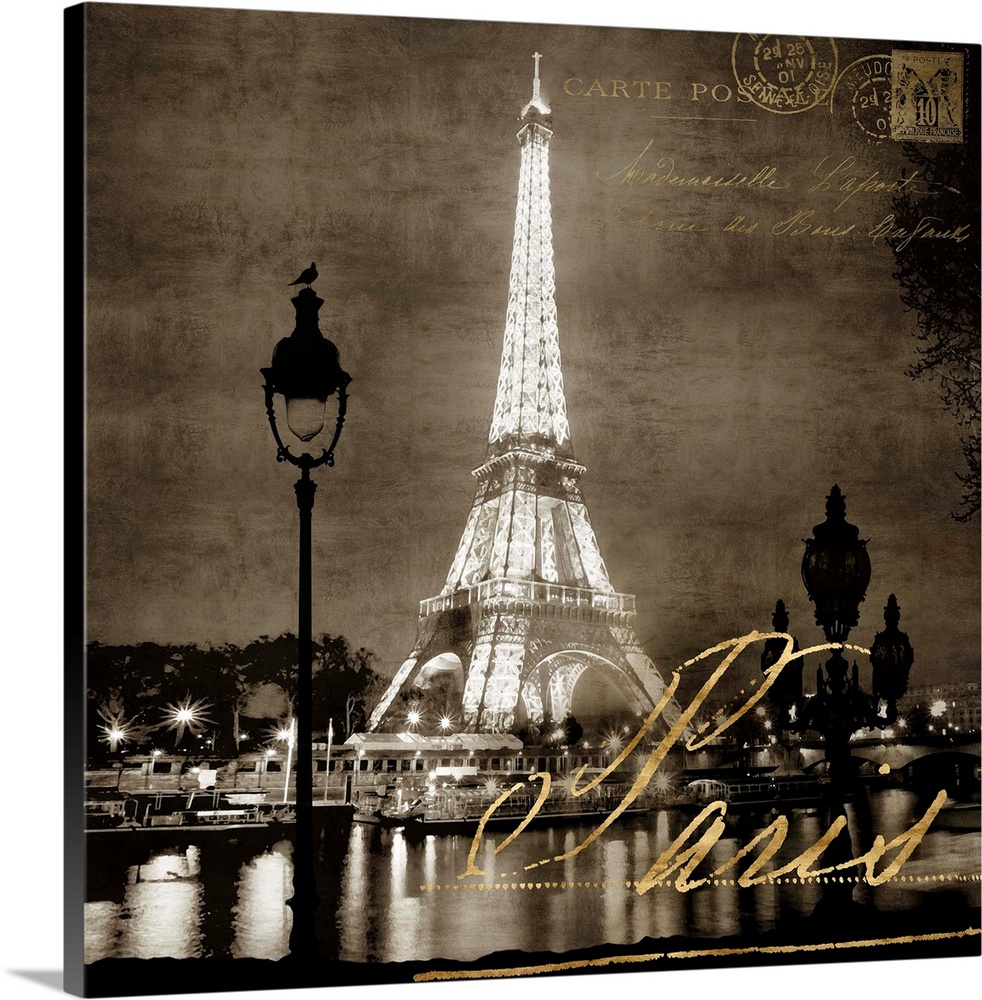 Square decor of a sepia toned Eiifel Tower with the Seine river in the foreground and metallic gold writing on top.