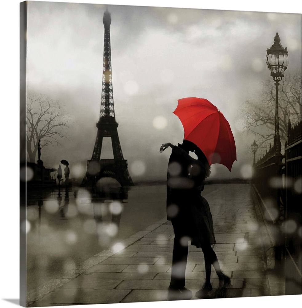 Square illustration of a couple kissing under a red umbrella with the Eiffel Tower in the background and bokeh lights in t...