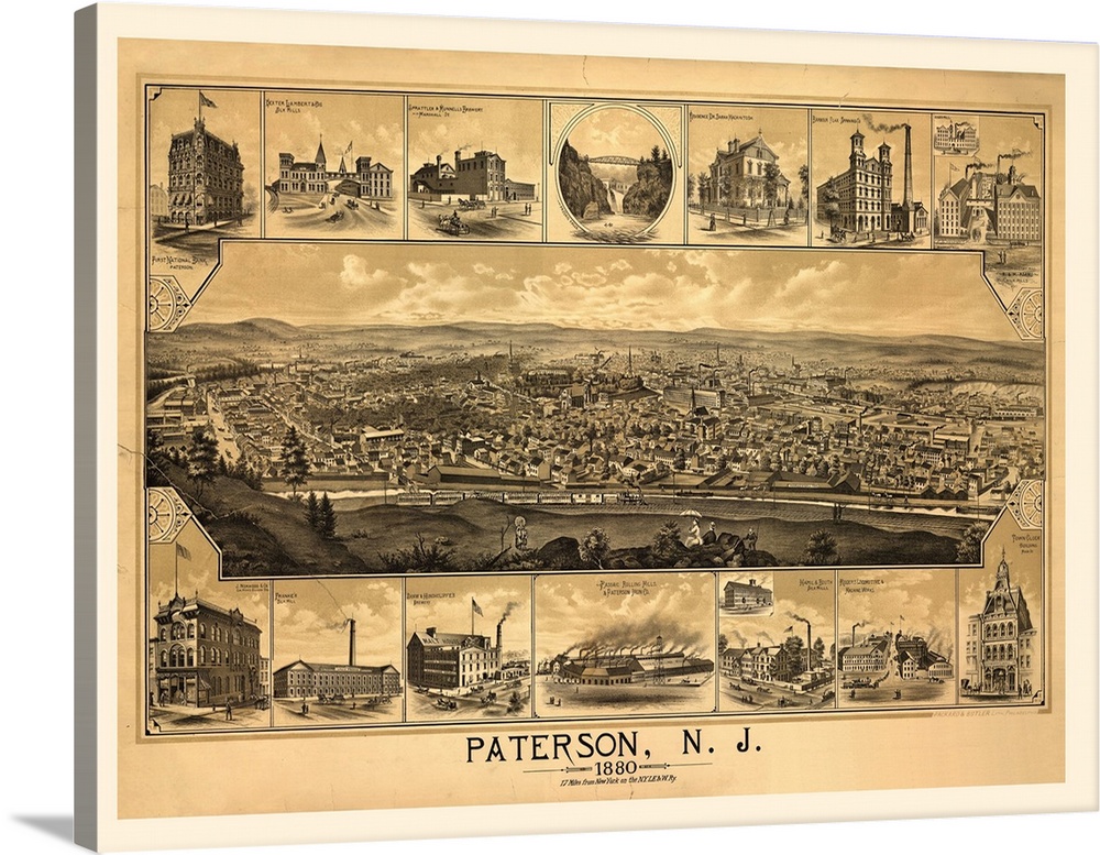 Vintage illustrated map of Paterson, New Jersey from 1880.