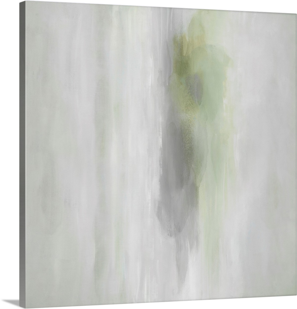 Abstract artwork of pools of green colors permeating over a distressed gray background.