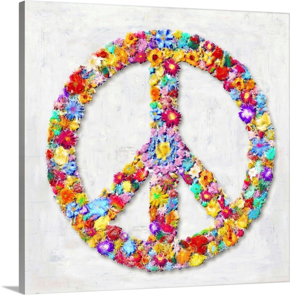 The peace sign is shaped by an assortment of colorful flowers.